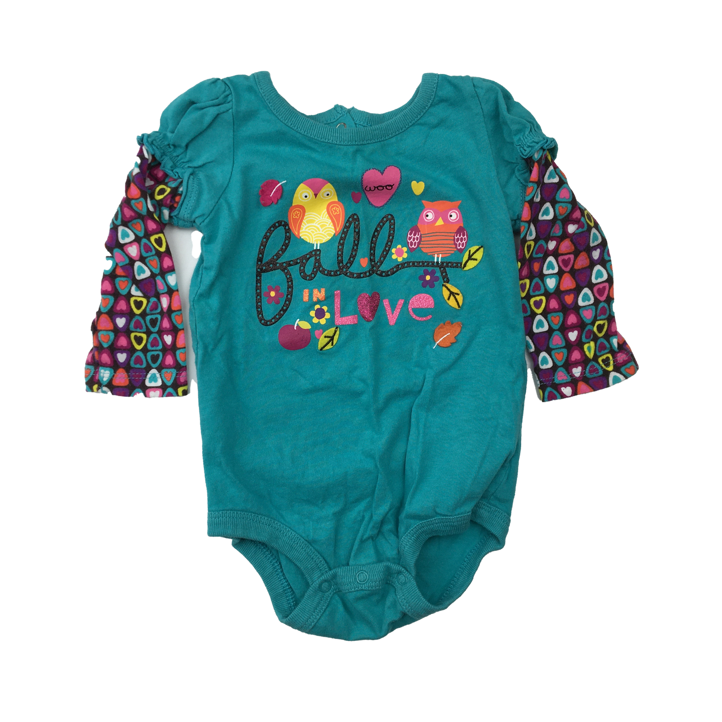 Koala Baby Teal Onesie with Multicoloured Sleeves & Owls 6M