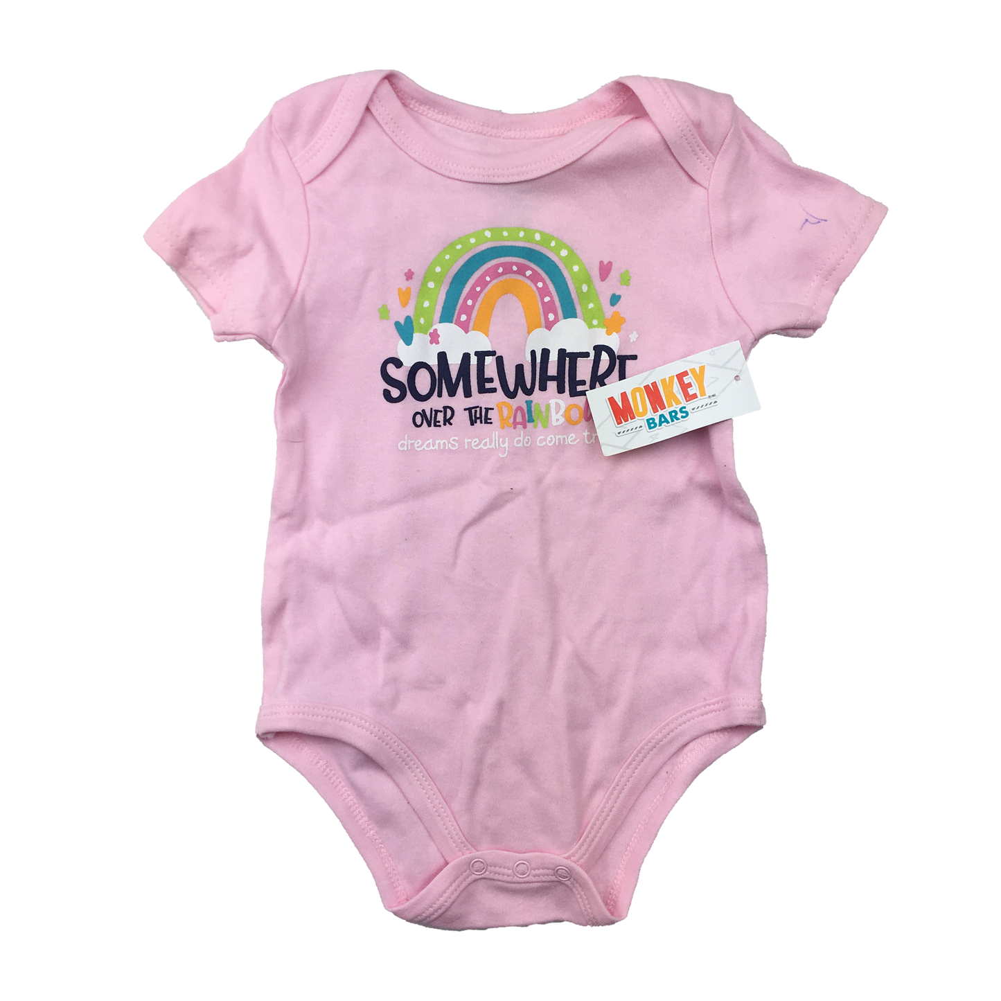 ❗️Small Stain: Monkey Bars Pink Onesie "Somewhere Over The Rainbow" 12M