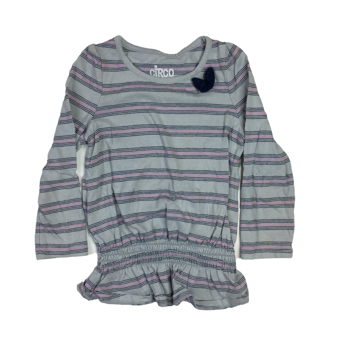 Circo Grey Long Sleeve with Pink & Navy Stripes & Shirred Waist 2T