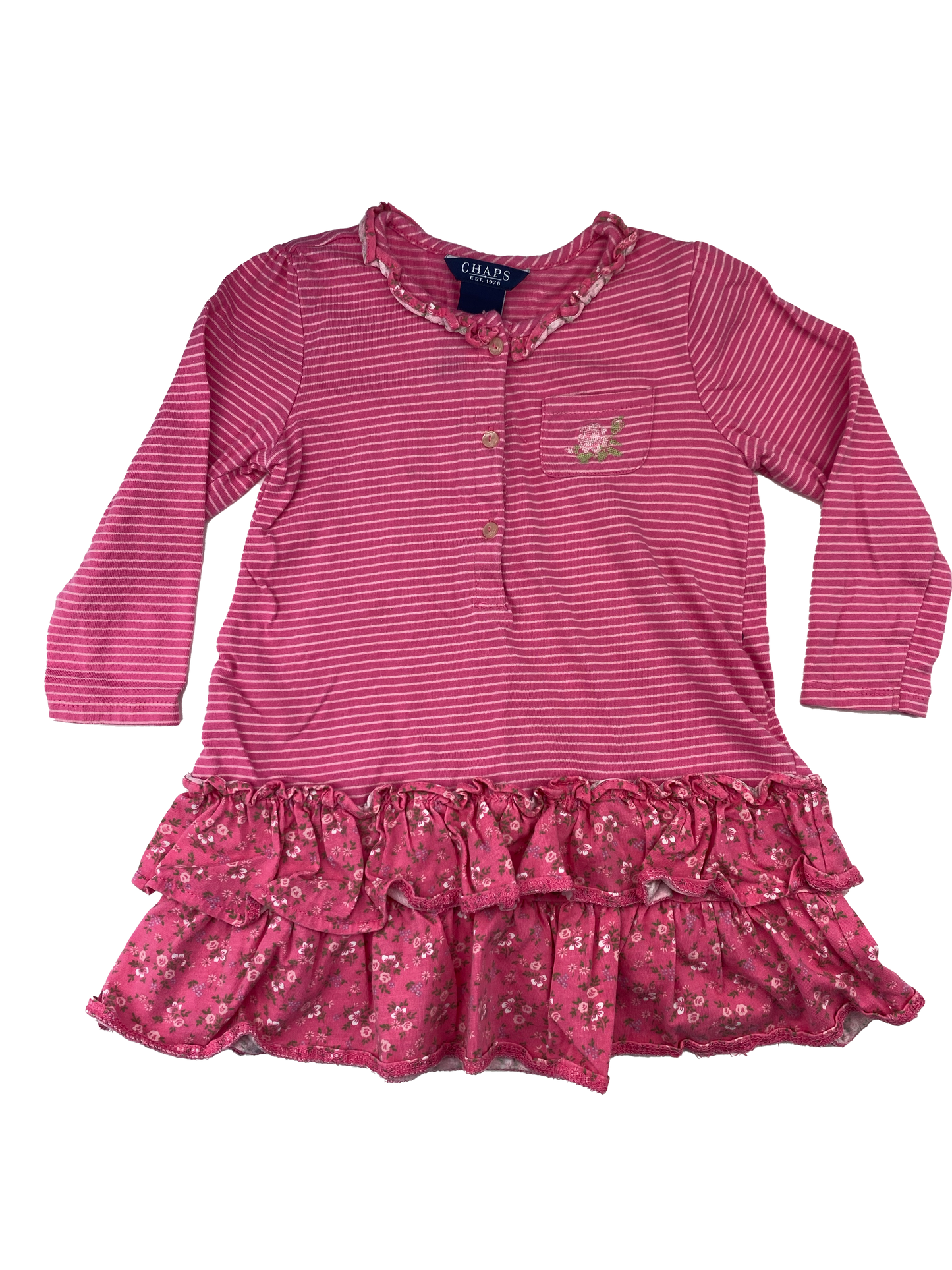 Chaps Pink Long Sleeve Dress with Floral Bottom Hem 24M