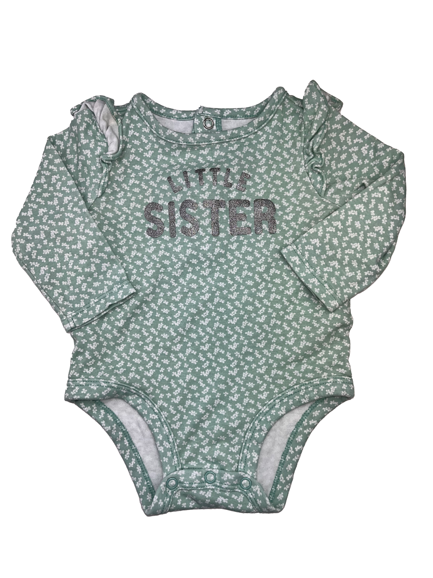 Child of Mine Teal Long Sleeve Onesie with "Little Sister" 3-6M