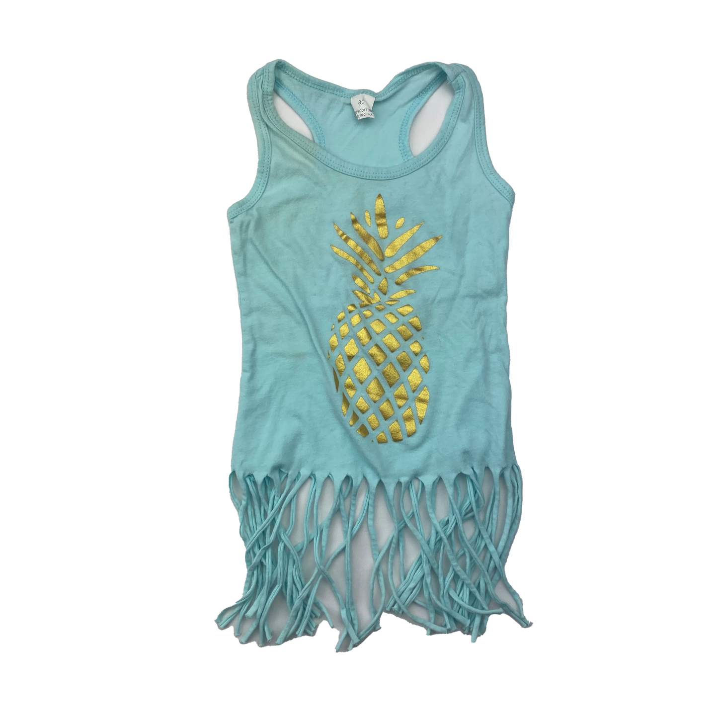 ❗️Stained: Turquoise Tank Top with Gold Pineapple & Fringe 12-18M