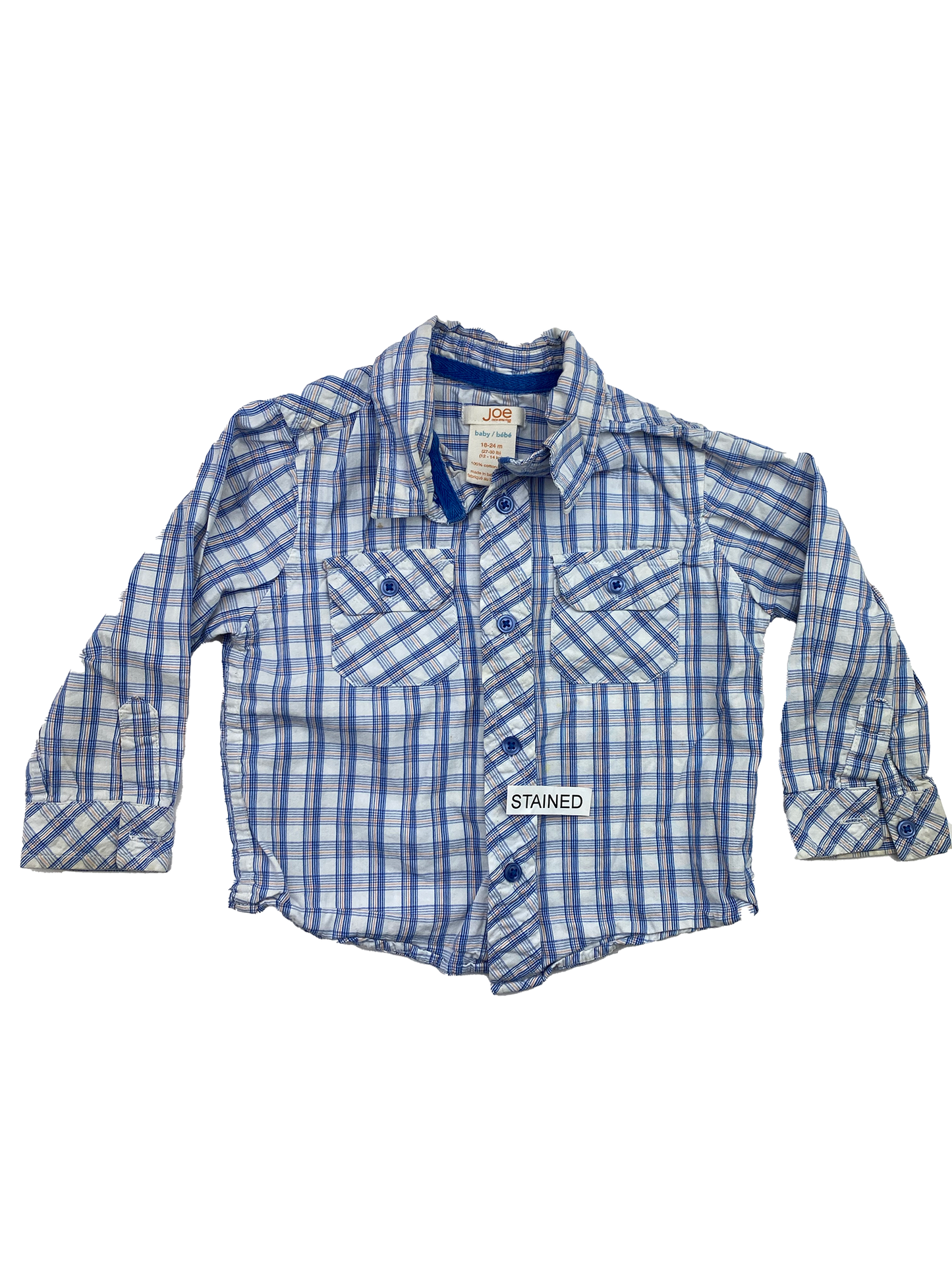 ❗️Small Stain: Joe Fresh Blue Plaid Long Sleeve Button-Up 18-24M