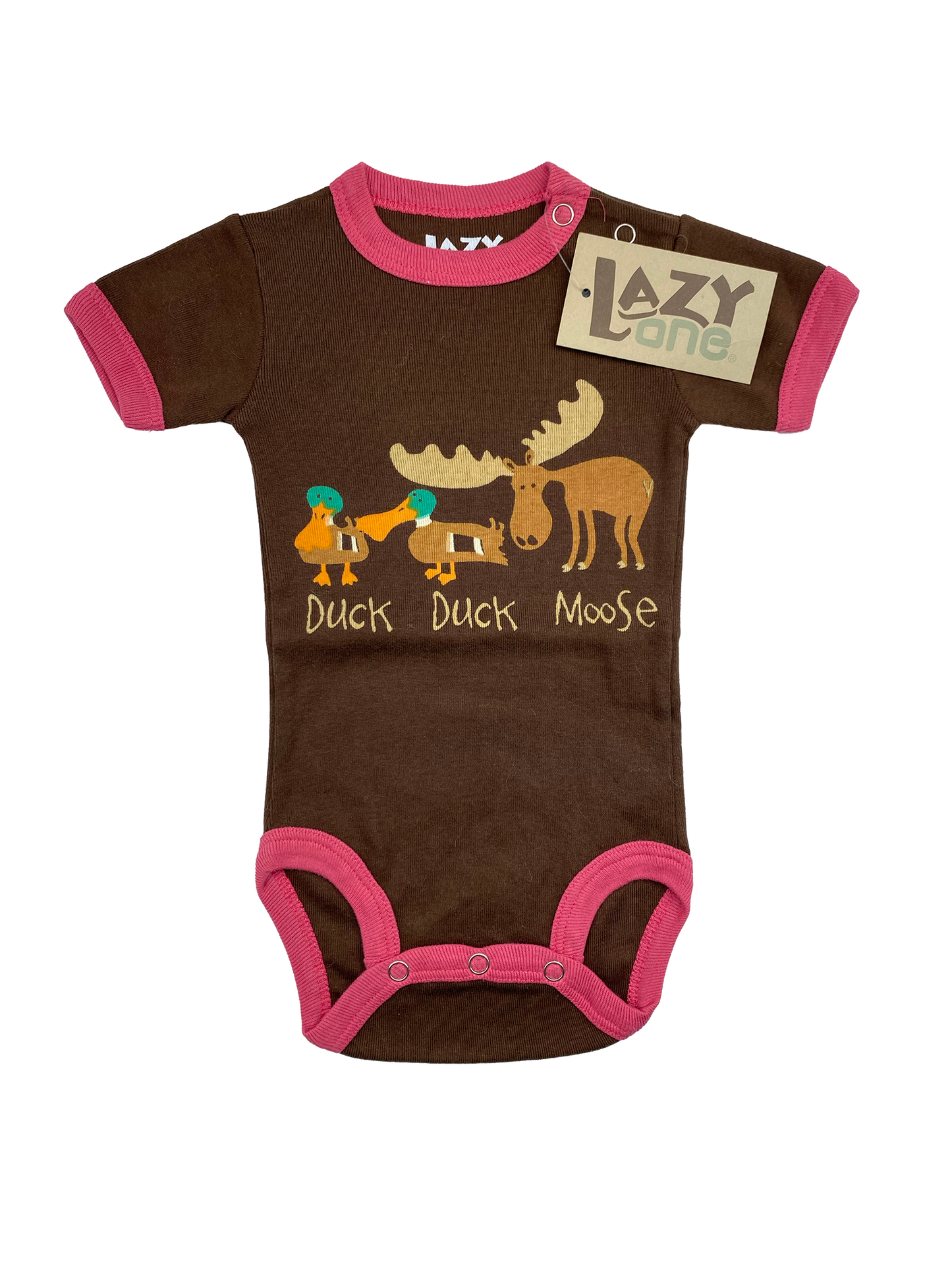 Lazy One Brown Onesie with "Duck Duck Moose" 6M