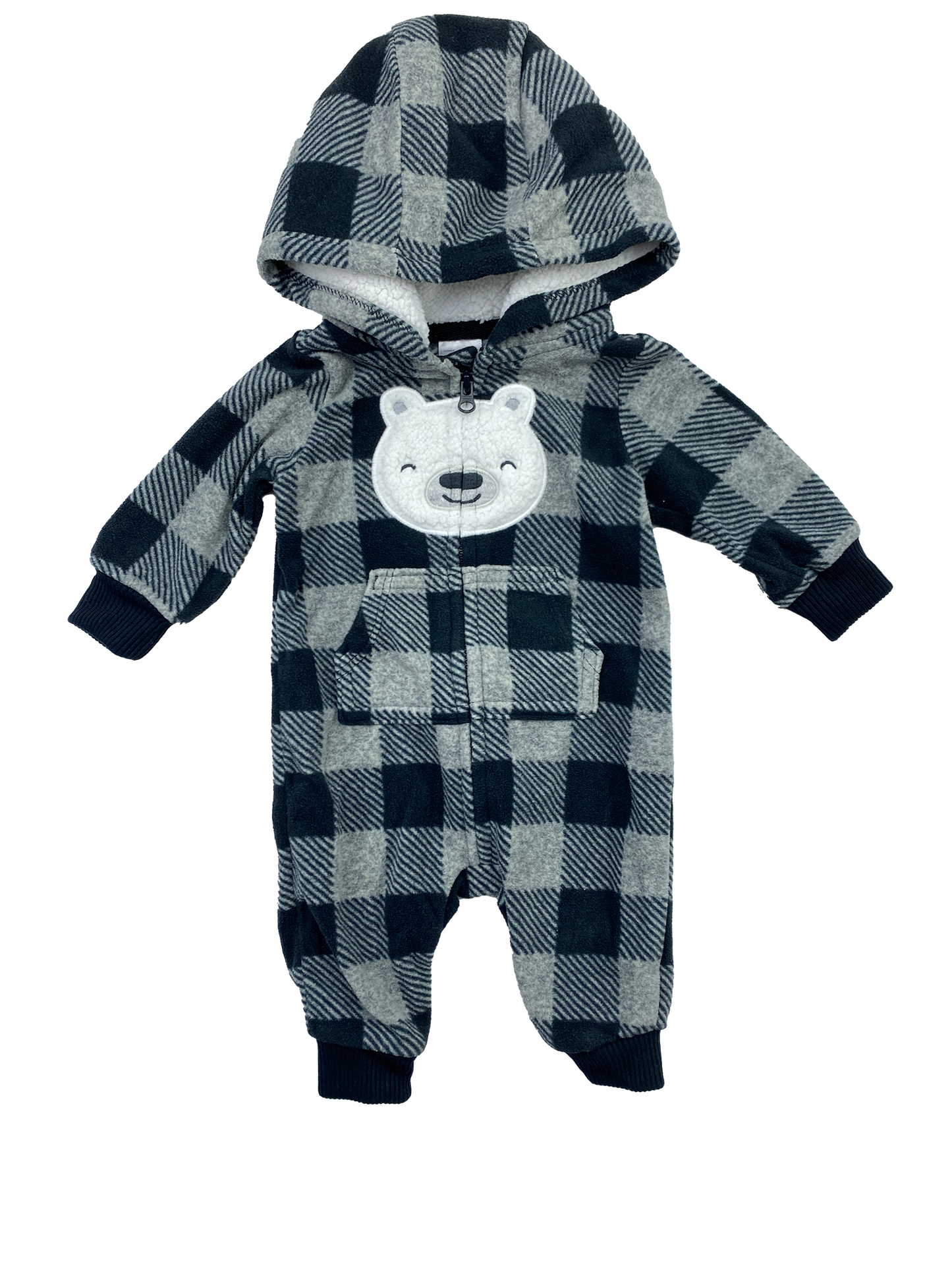 Carter's Black & Grey Buffalo Plaid Fleece Jumpsuit with Hood NB