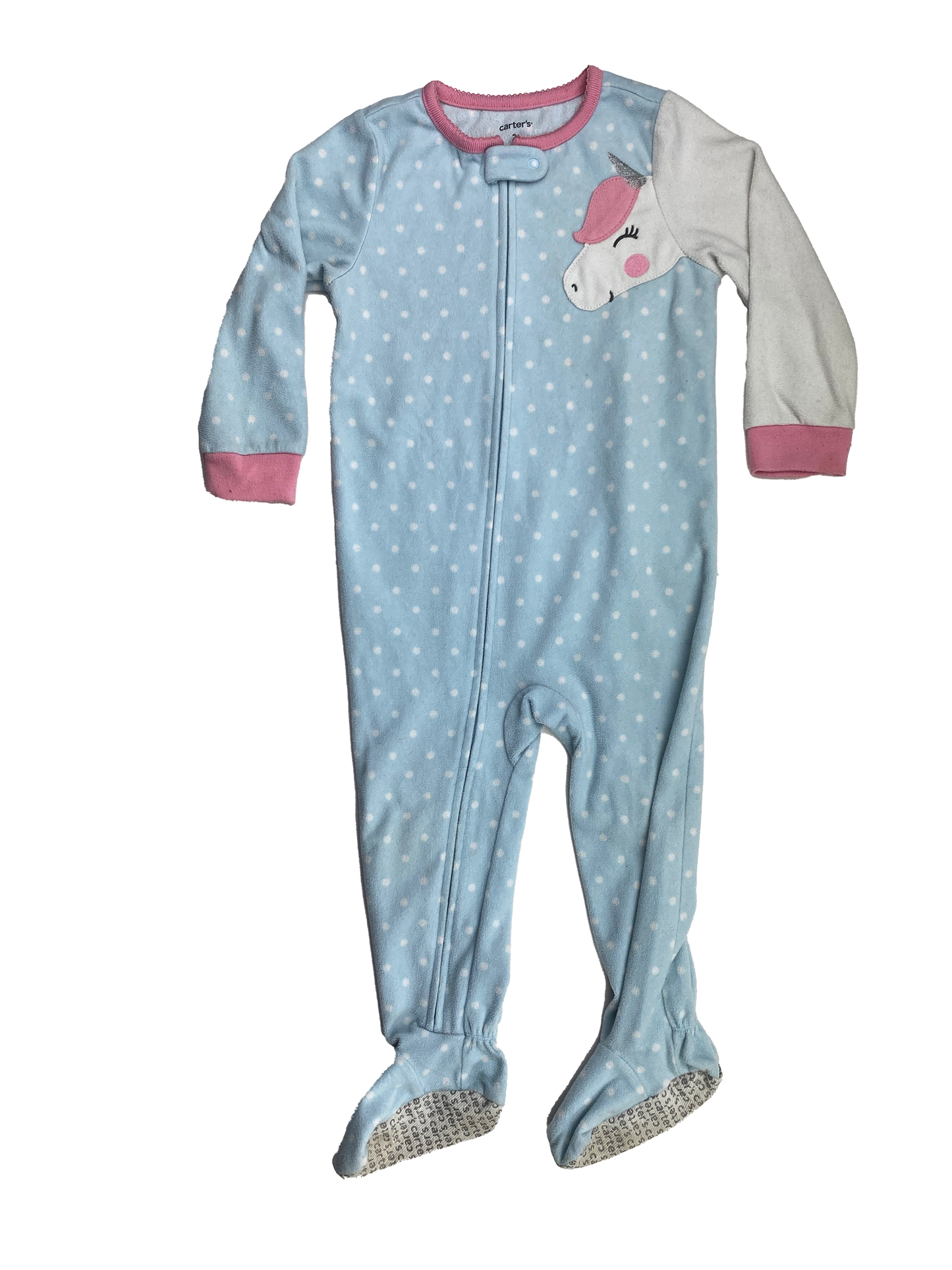 Carter's Blue Fleece Footed Sleeper with White Dots & Unicorn 2T