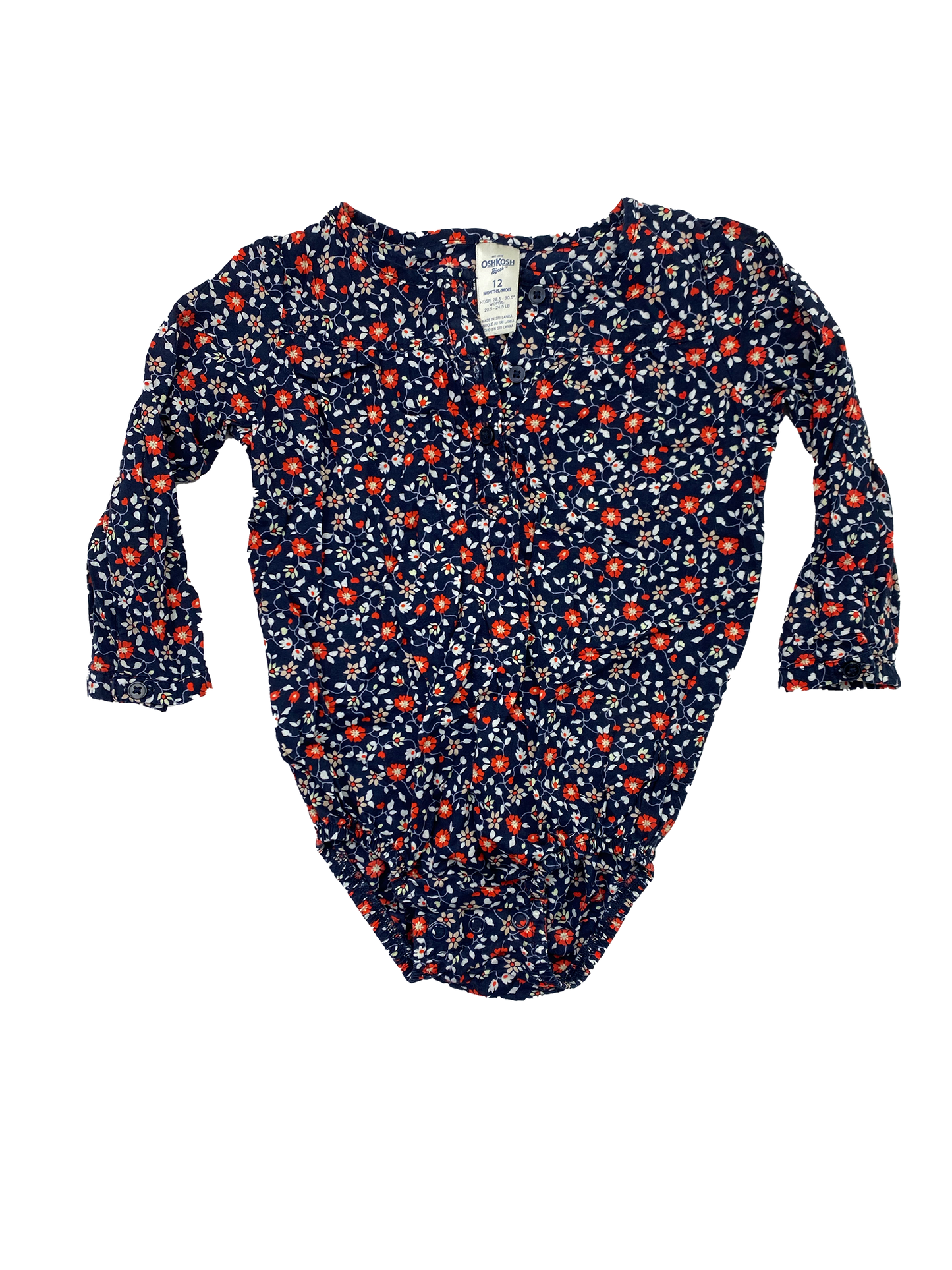 OshKosh Navy Onesie with Red & White Flowers 12M