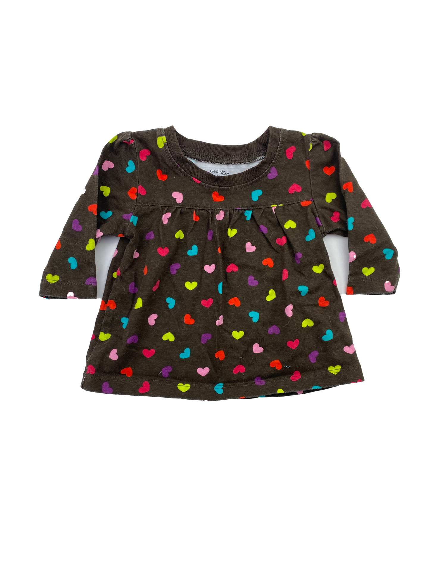 George Brown Long Sleeve Dress with Multicoloured Hearts 0-3M