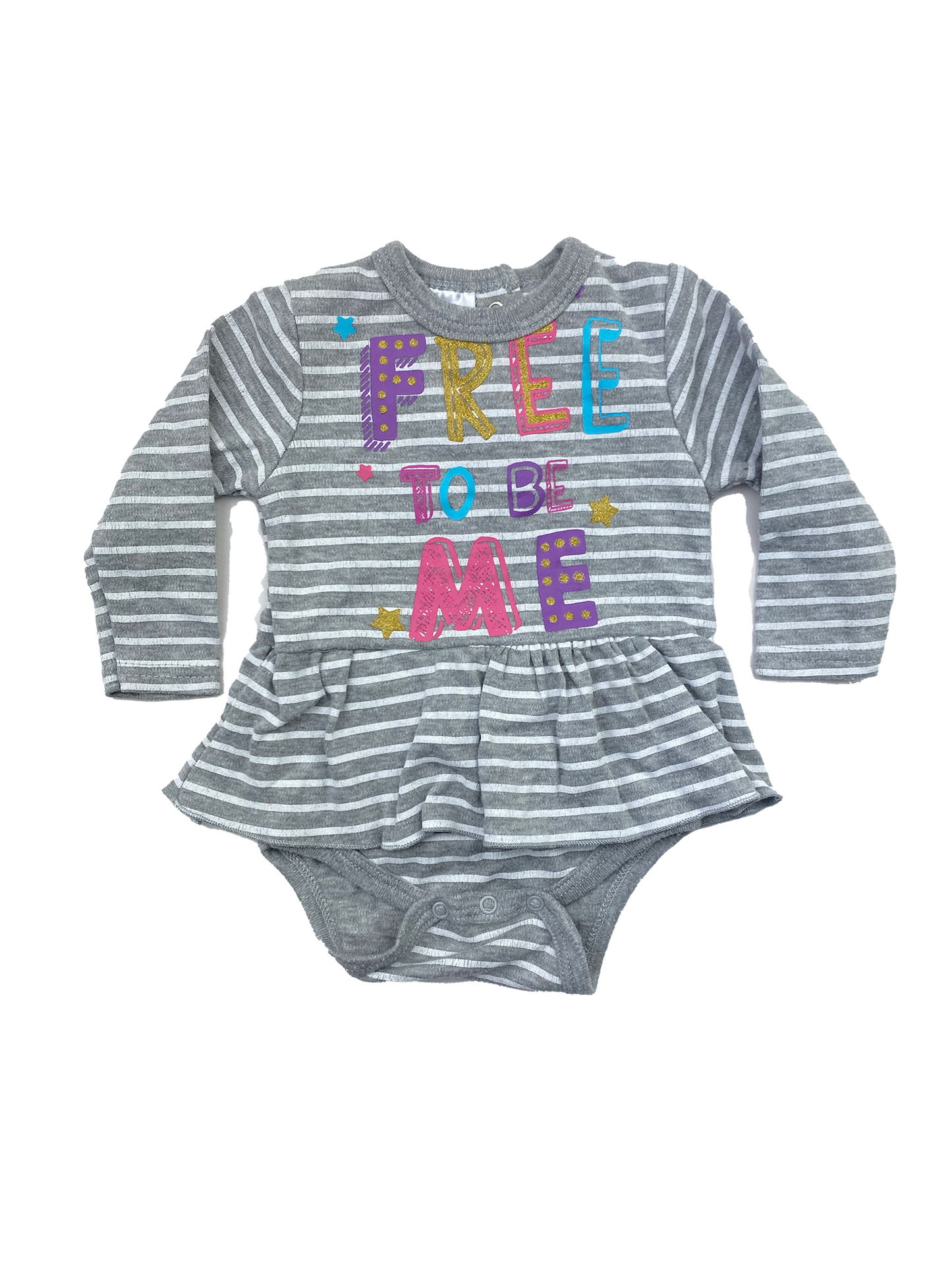 Baby Mode Grey & White Striped Onesie with "Free To Be Me" 0-3M