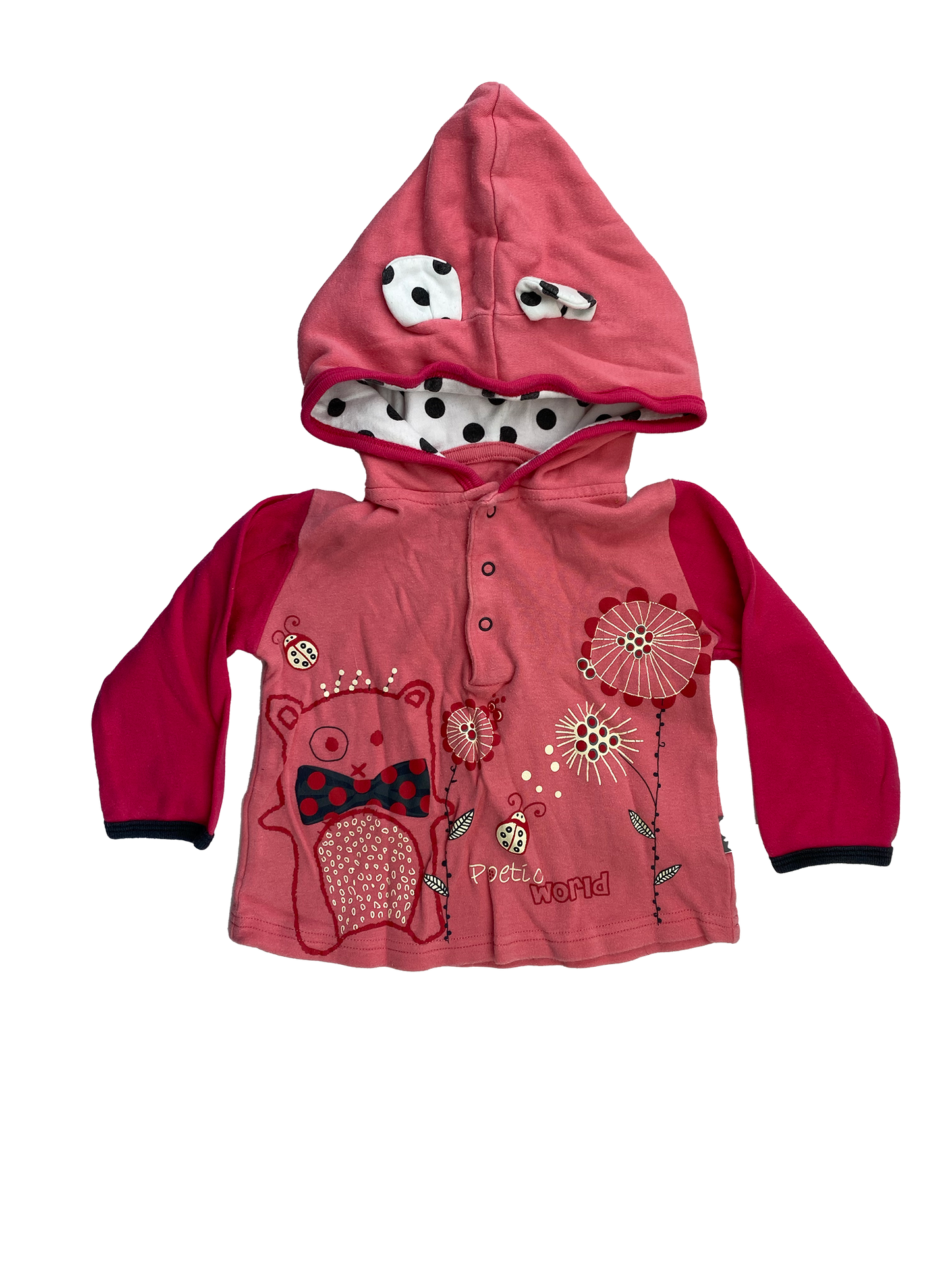 Petit Beguin Pink Hooded Zip-Up Sweater with Bear & Flowers 12M
