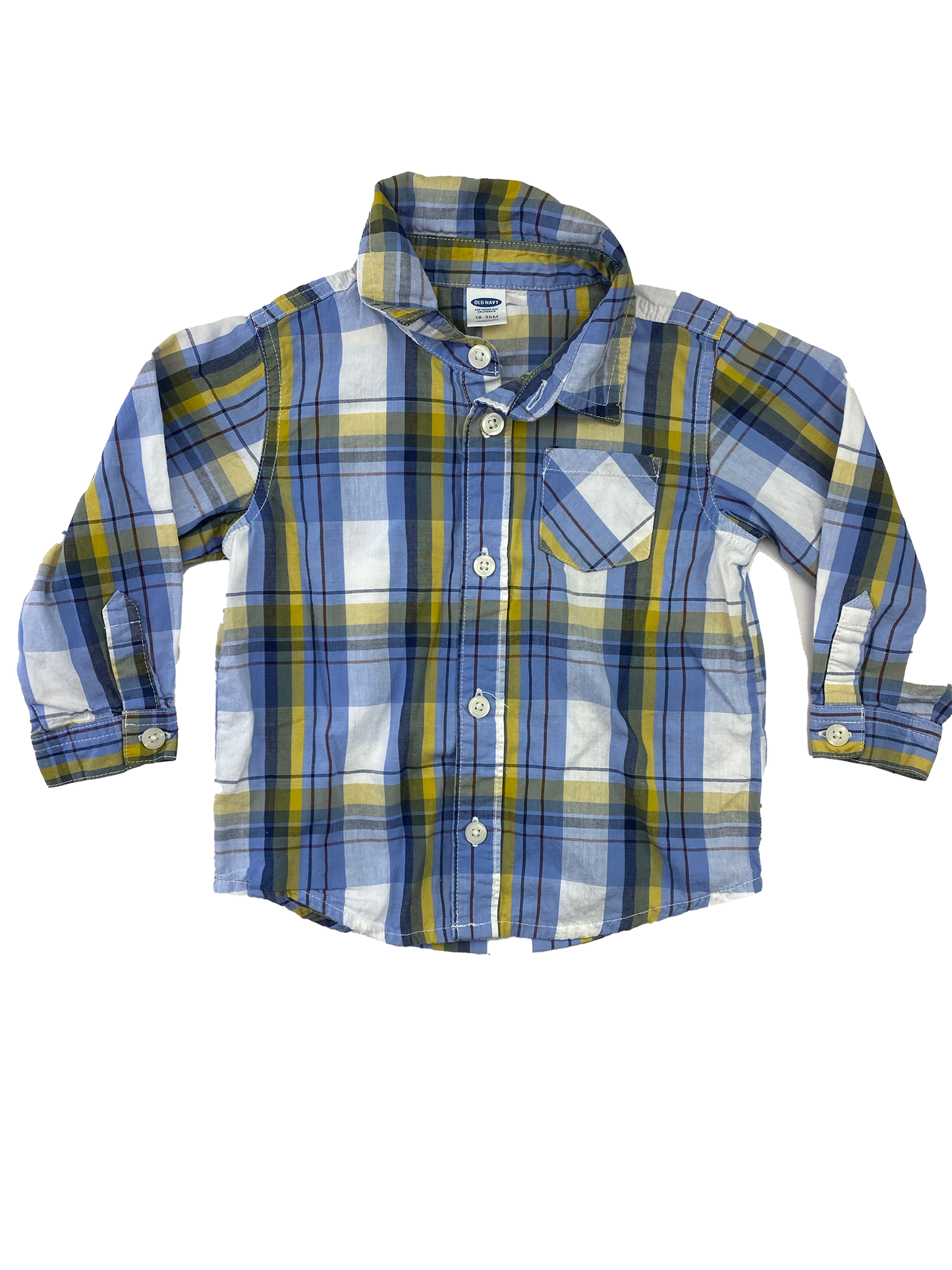 Old Navy Blue & Yellow Plaid Long Sleeve Button-Up 18-24M