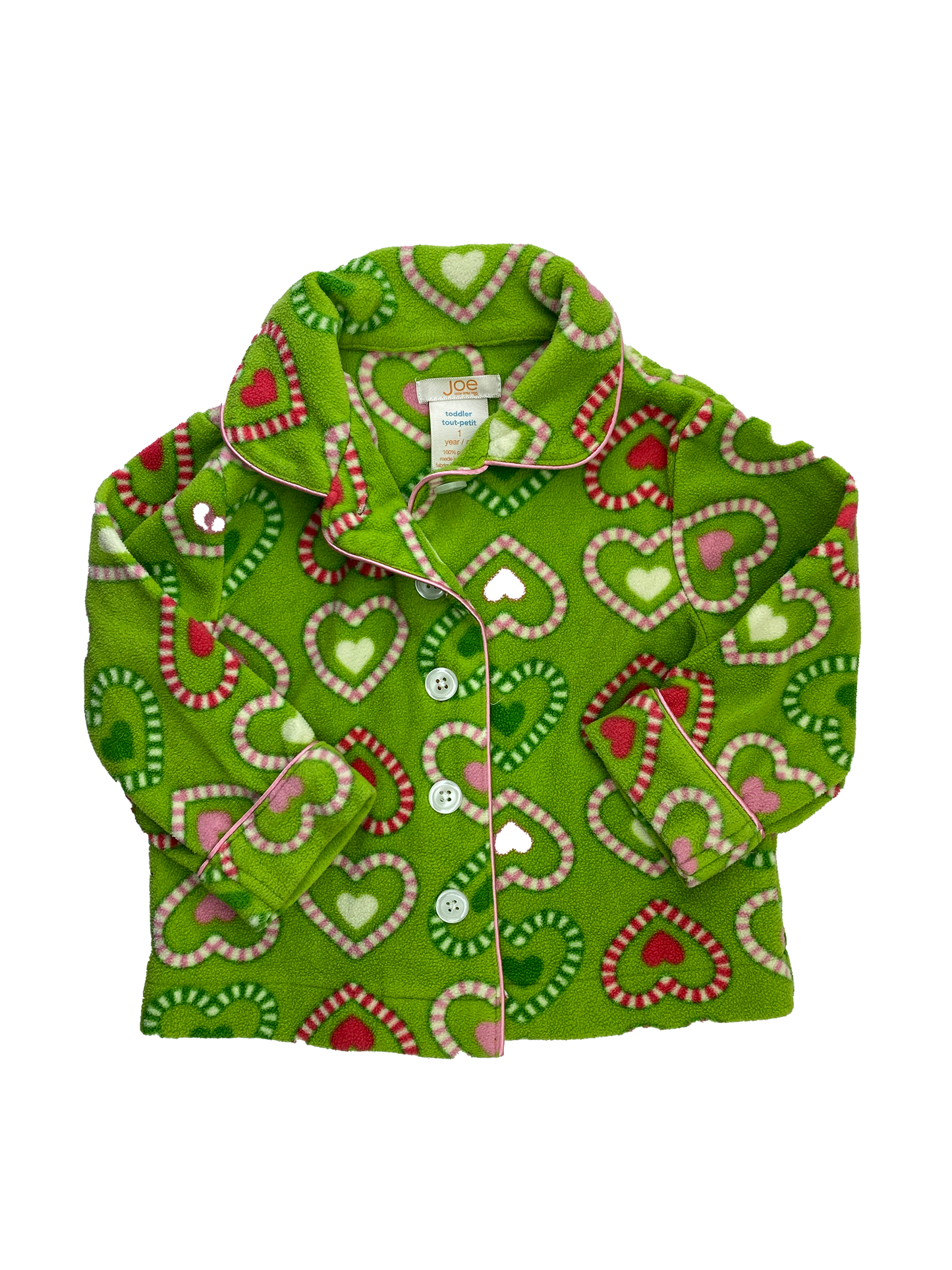 Joe Fresh Green Fleece PJ Top with Candy Cane Hearts12M