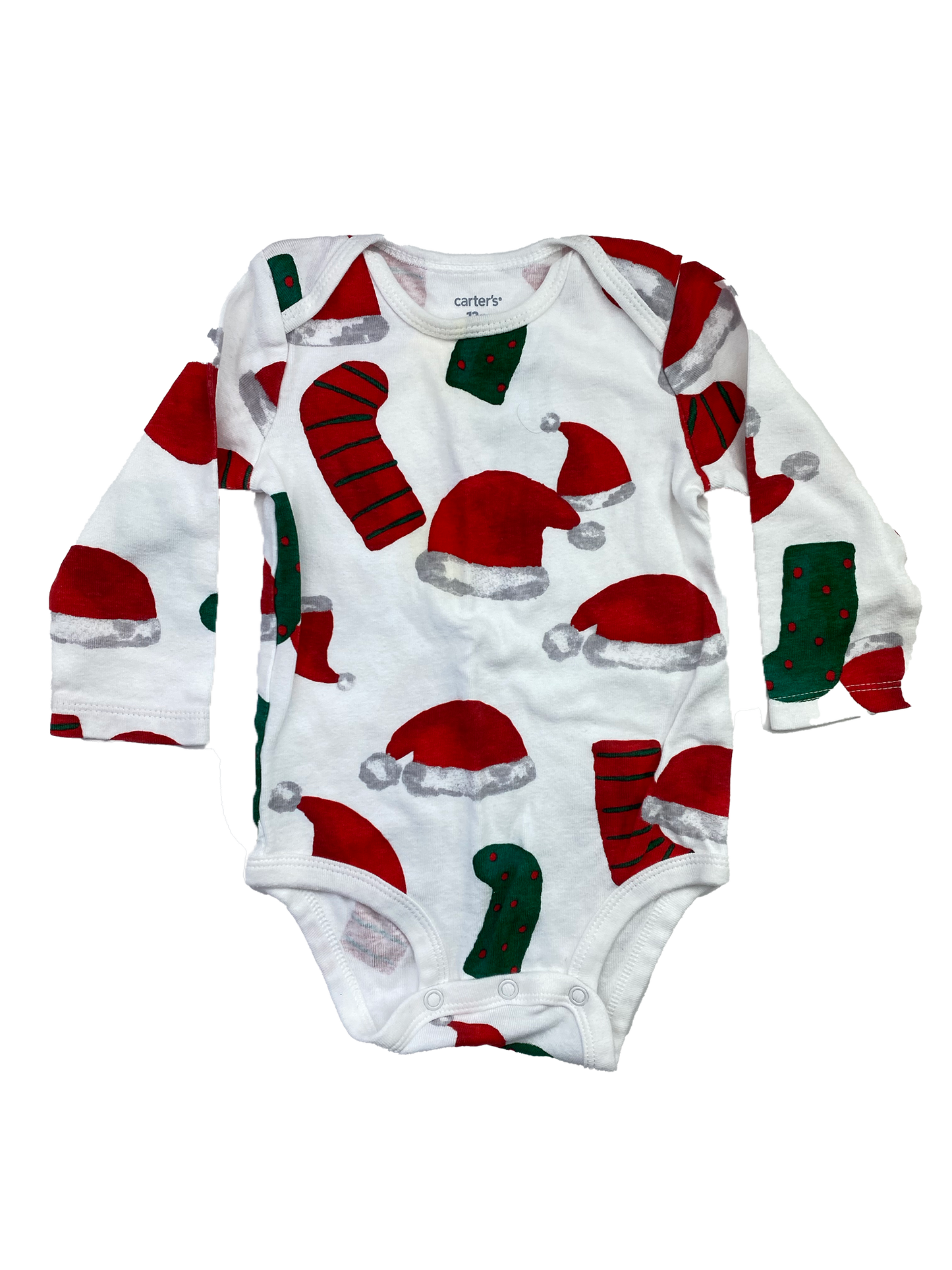 ❗️Stained: Carter's White Long Sleeve Onesie with Stockings & Santa's Hat 12M