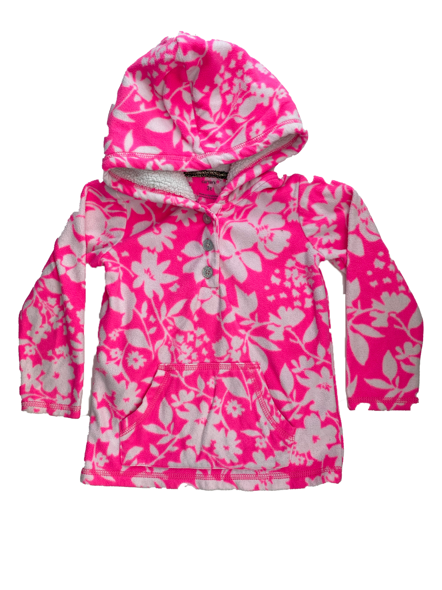 Carter's Pink Fleece Pull-Over Hoodie with White Flowers 3T