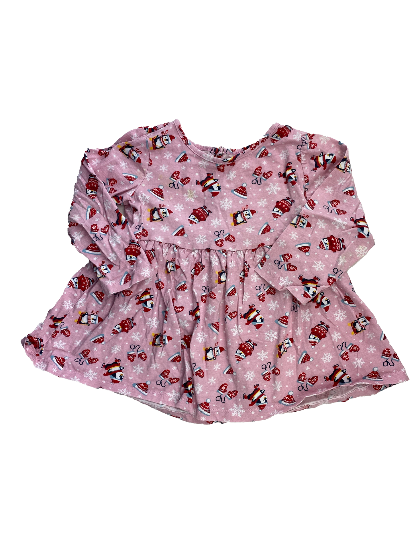 ❗️Stain: Pink Long Sleeve Dress with Penguins & Snowflakes 24M