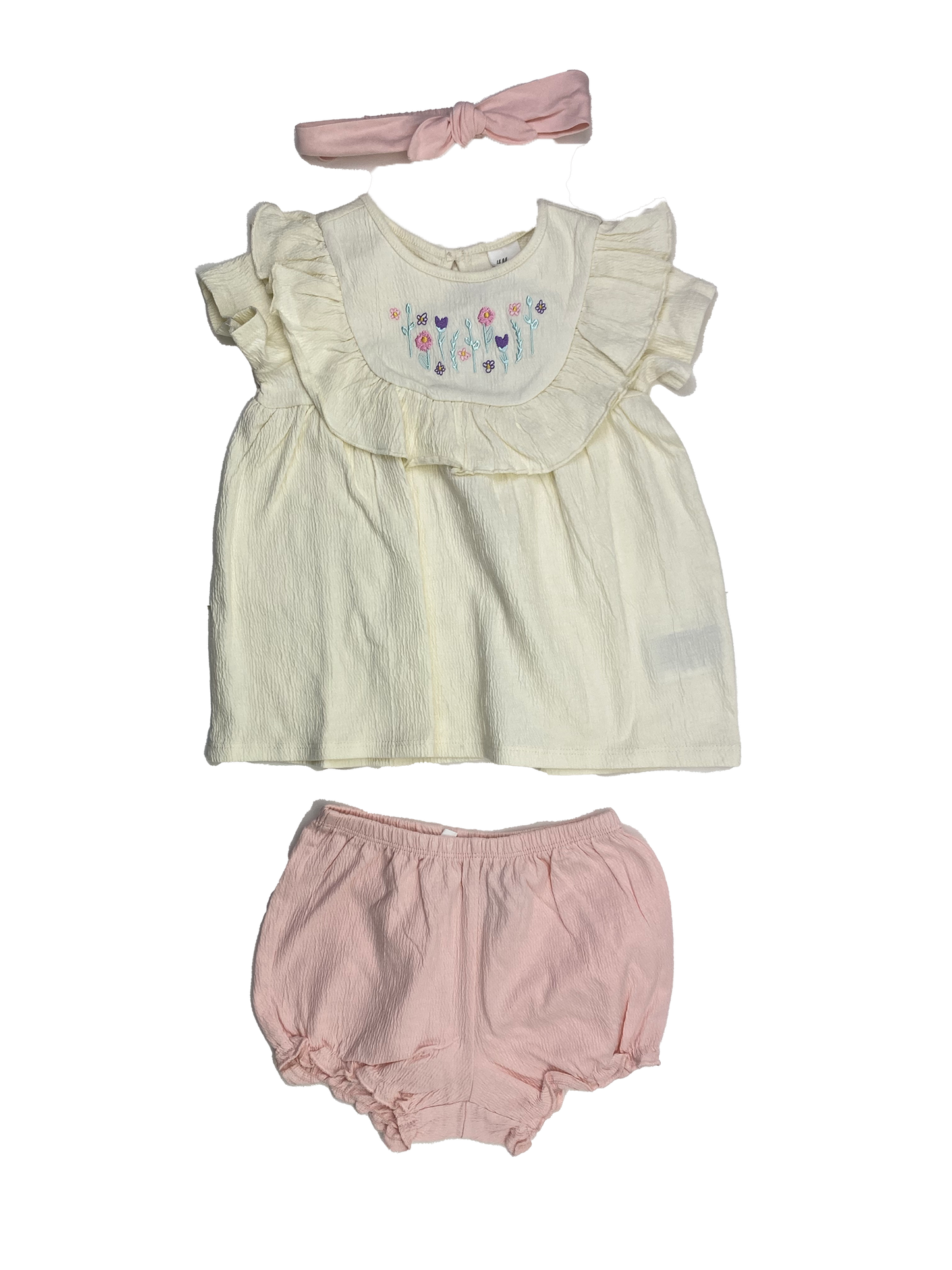 H&M 3-Piece Set Headband Bow, Ruffle Shirt & Bubble Shorts 18M-2T