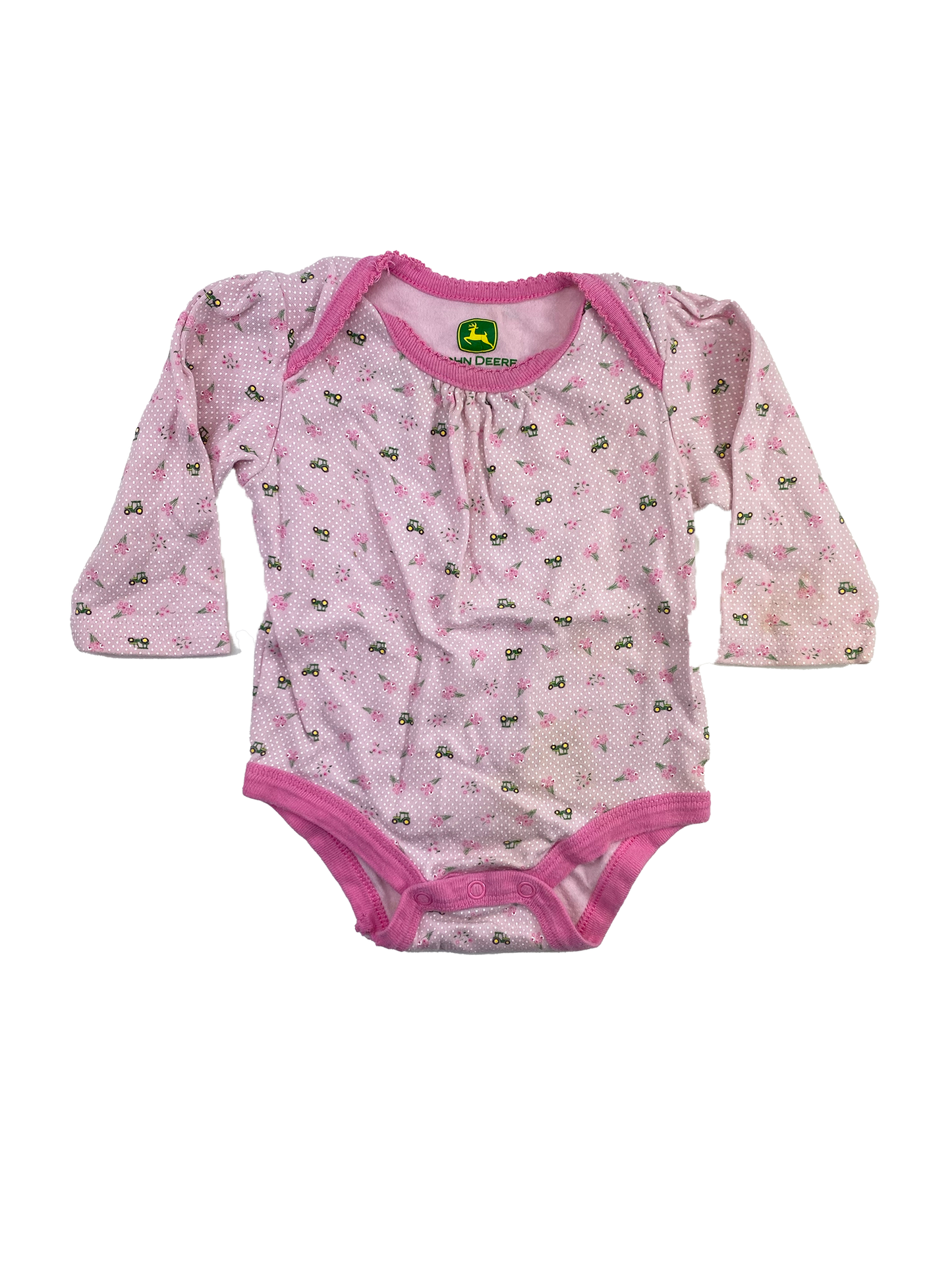 ❗️Stain: John Deere Pink Long Sleeve Onesie with Tractors 9M