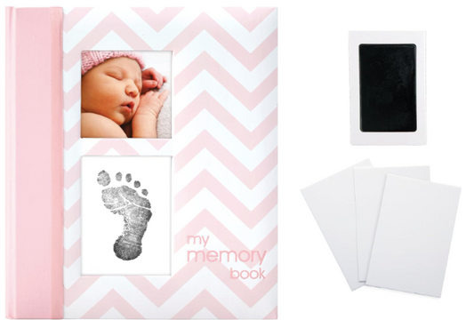 BNIB Pearhead Pink Chevron Baby Book with Clean-Touch Ink Pad