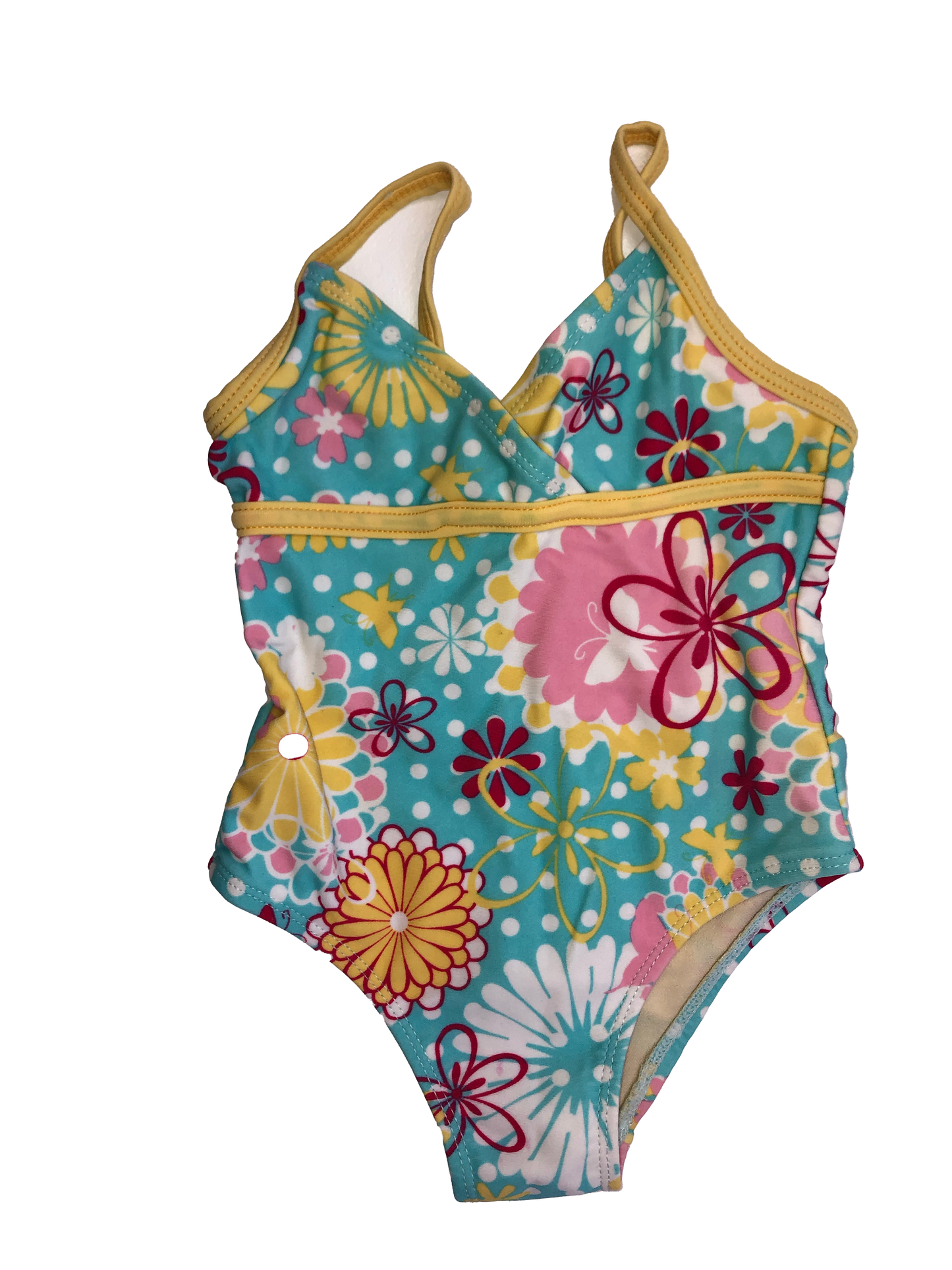 Athletic Works Teal Floral Bathing Suit with Yellow Trim 12M