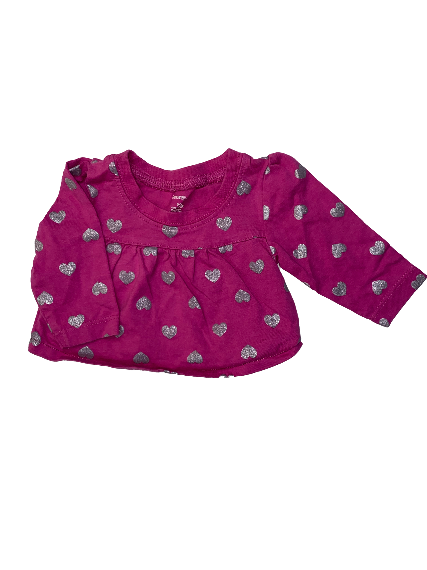 George Pink Long Sleeve with Silver Hearts 0-3M