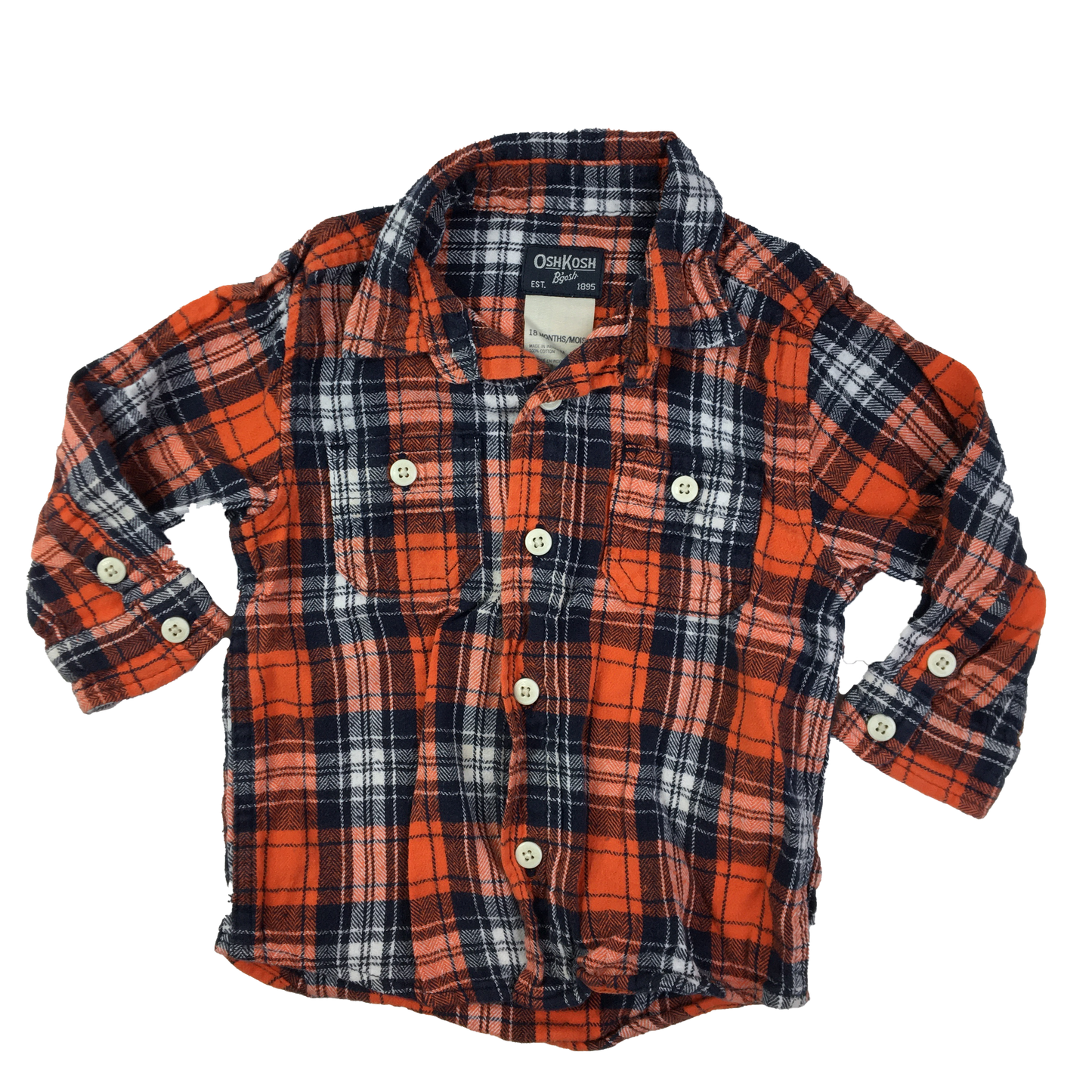 OshKosh Orange & Navy Plaid Long Sleeve Button-Up 18M