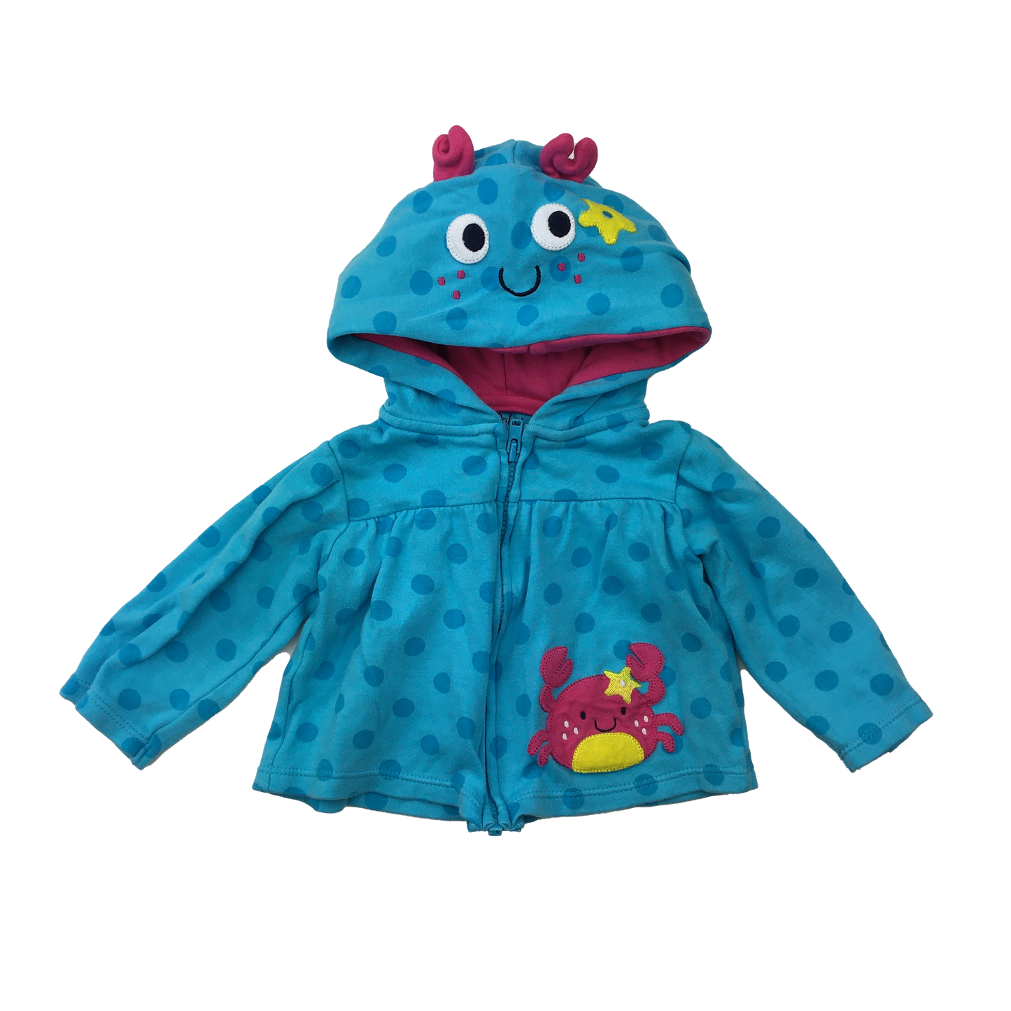 Pekkle Turquoise Zip-Up Hoodie with Pink Crab 6M