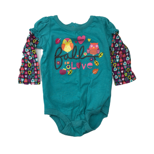 Koala Baby Teal Onesie with Multicoloured Sleeves & Owls 6M