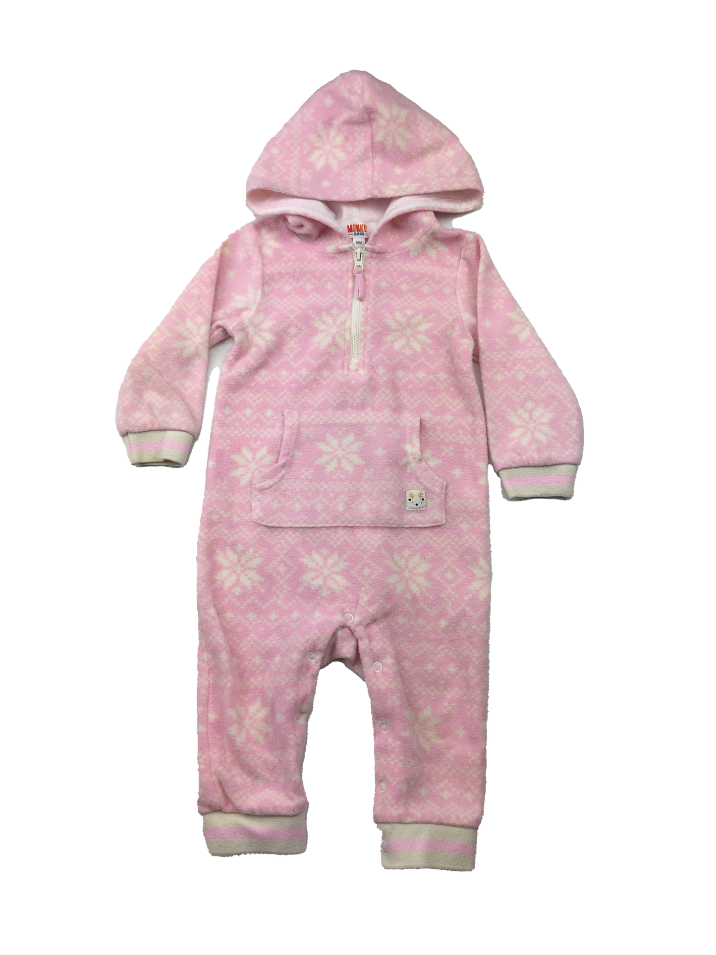 Monkey Bars Pink Fleece Hooded Jumpsuit with Snowflakes 18M