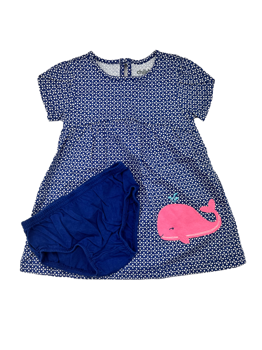 Child of Mine 2-Piece Blue Dress with Whale + Bloomers 3-6M