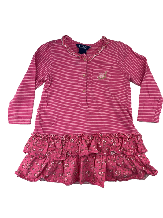 Chaps Pink Long Sleeve Dress with Floral Bottom Hem 24M