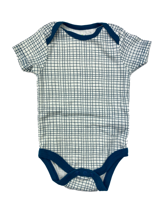 Chick Pea White Onesie with Blue Grid Stripes 6-9M