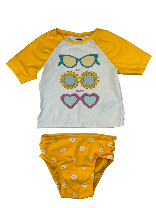 Old Navy Yellow Rash Guard & Bottoms with Sunglasses & Flowers 18-24M