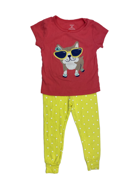 Carter's PJ Set T-Shirt with Dog & Yellow Pants with Polka Dots 24M