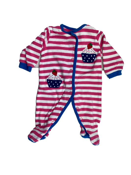 Pekkle Pink Striped Footed Onesie with Cupcakes 3M