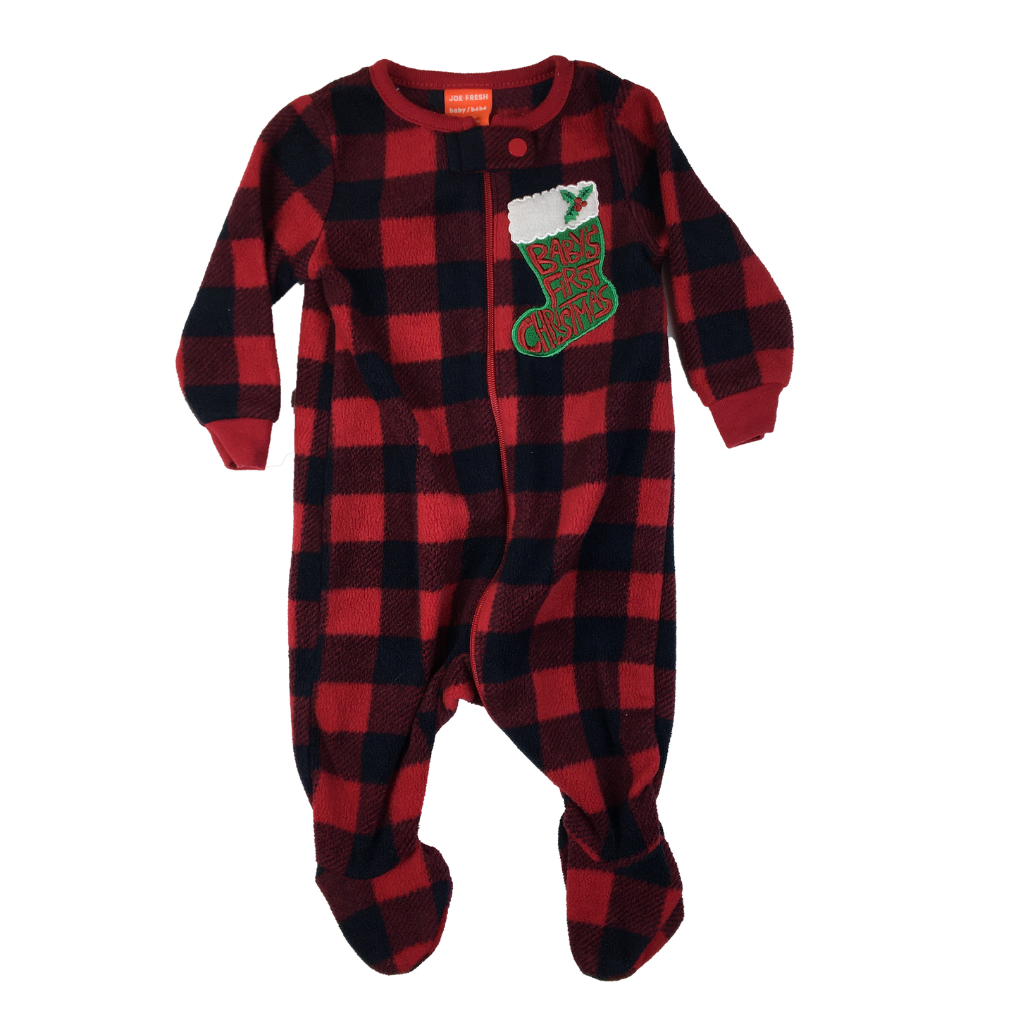 Joe Fresh Buffalo Plaid Fleece Footed Sleeper with "Baby's First Christmas" 0-3M