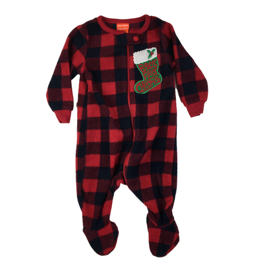 Joe Fresh Buffalo Plaid Fleece Footed Sleeper with "Baby's First Christmas" 0-3M