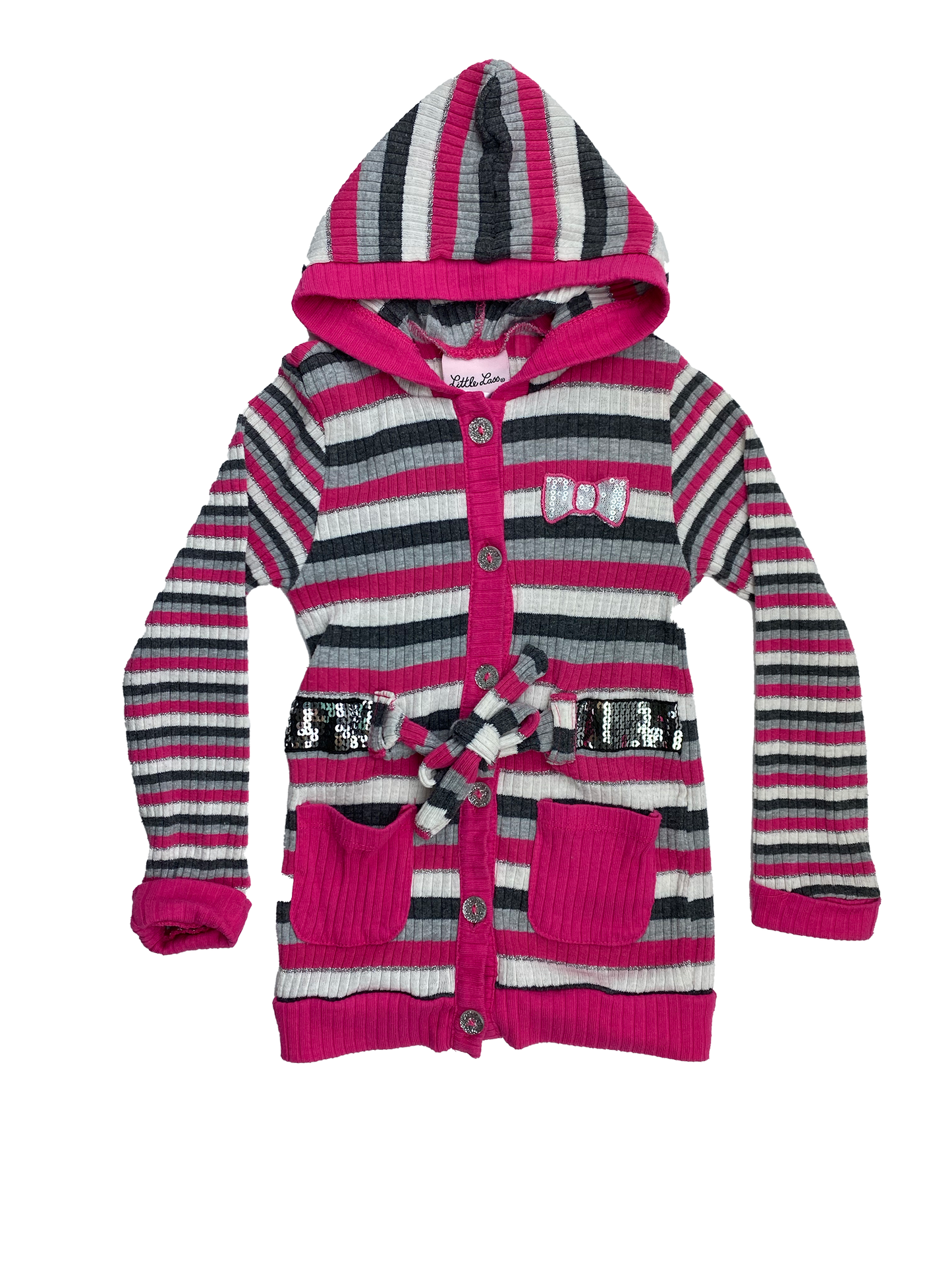 Little Lass Pink Striped Hooded Cardigan with Belt 4T