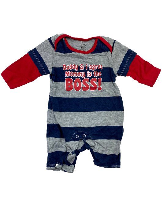 George Grey & Navy Striped Jumpsuit with "...Mommy Is The Boss" 0-3M