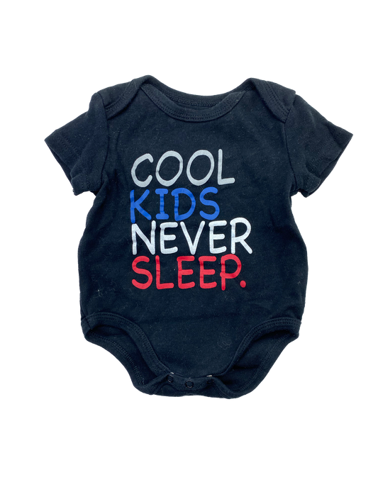 Monkey Bars Black Onesie with "Cool Kids Never Sleep" 0-3M