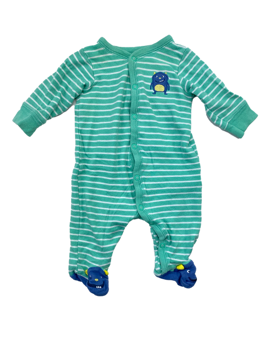 Carter's Teal & White Striped Footd Sleeper with Monster Feet 3M