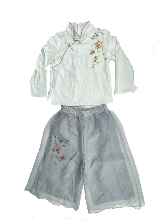 White & Grey 2-Piece Set with Flowers & Tulle Culottes 3-4T