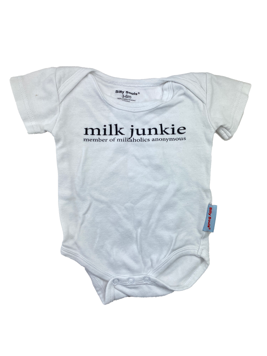 Silly Souls White Onesie with "Milk Junkie" 3-6M