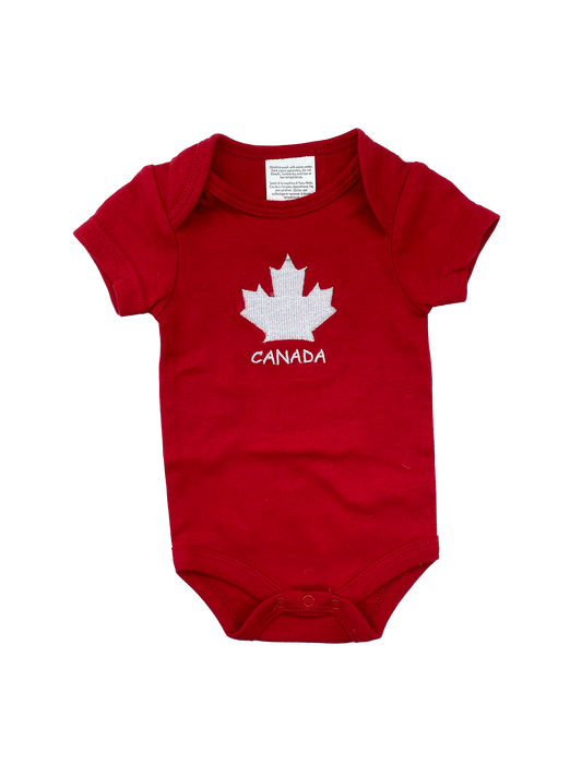 Red Onesie with Embroidered "Canada" Maple Leaf 0-3M