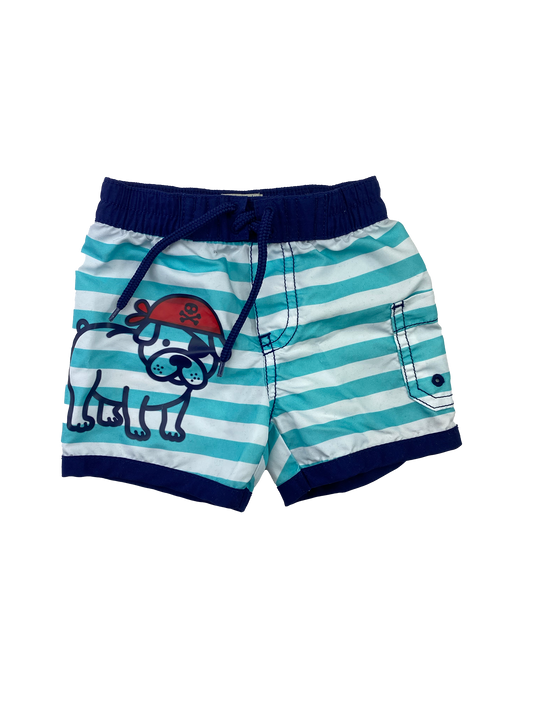 Old Navy White & Teal Striped Swim Trunks with Pirate Dog 0-3M