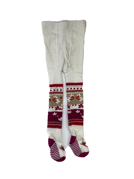 White Tights with Burgundy/Khaki Design on Leg