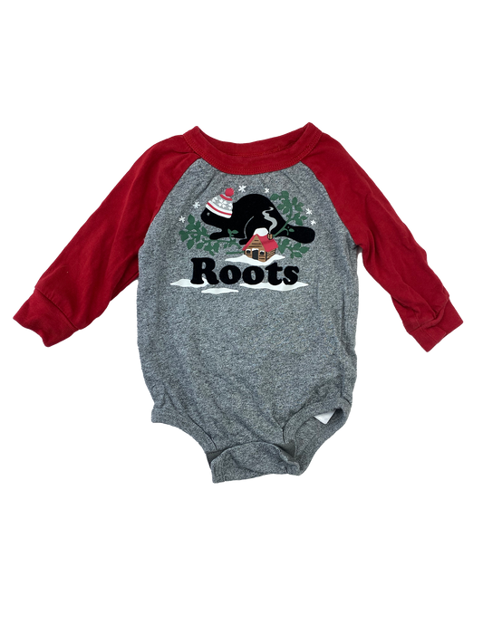 Roots Red & Grey Raglan Long Sleeve Onesie with Winter Beaver 3-6M