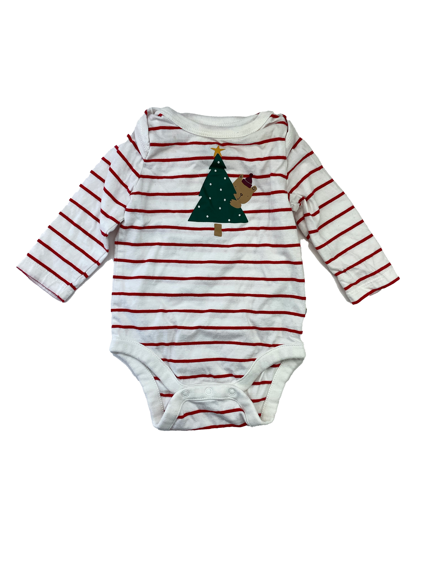 ❗️Stain: Baby Gap White & Red Striped Long Sleeve Onesie with  Christmas Tree 3-6M