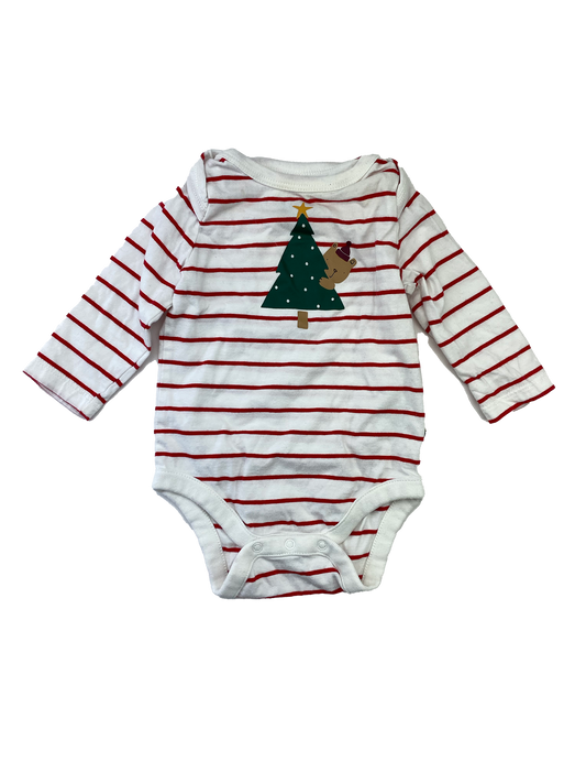 ❗️Stain: Baby Gap White & Red Striped Long Sleeve Onesie with  Christmas Tree 3-6M