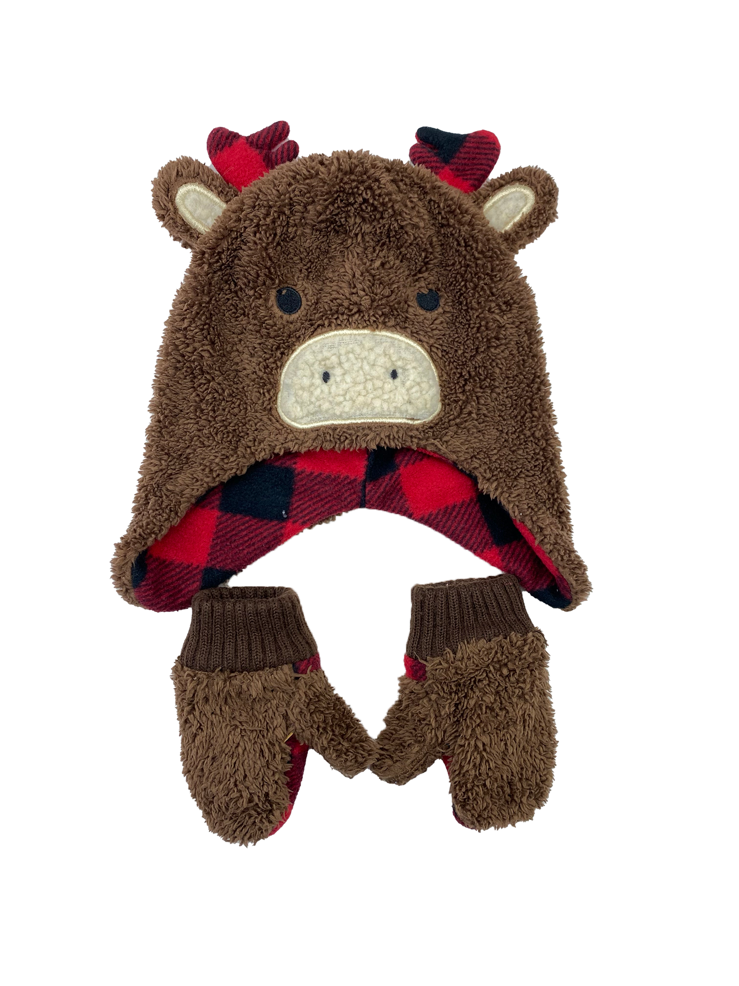 Canadiana Brown Hat & Mittens Set with Moose Face & Antlers Toddler