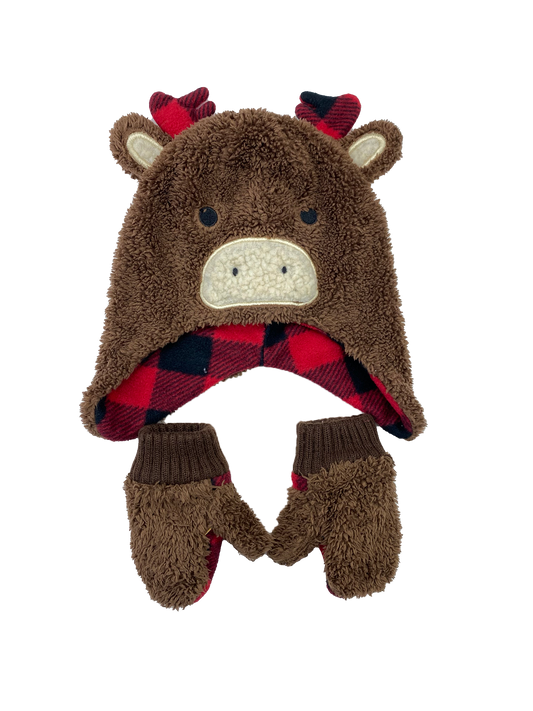 Canadiana Brown Hat & Mittens Set with Moose Face & Antlers Toddler